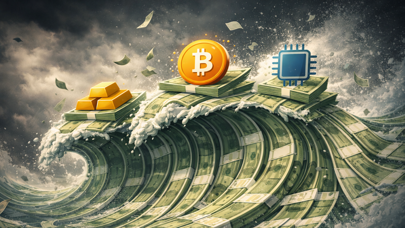 Welle aus Banknoten, Gold, Bitcoin