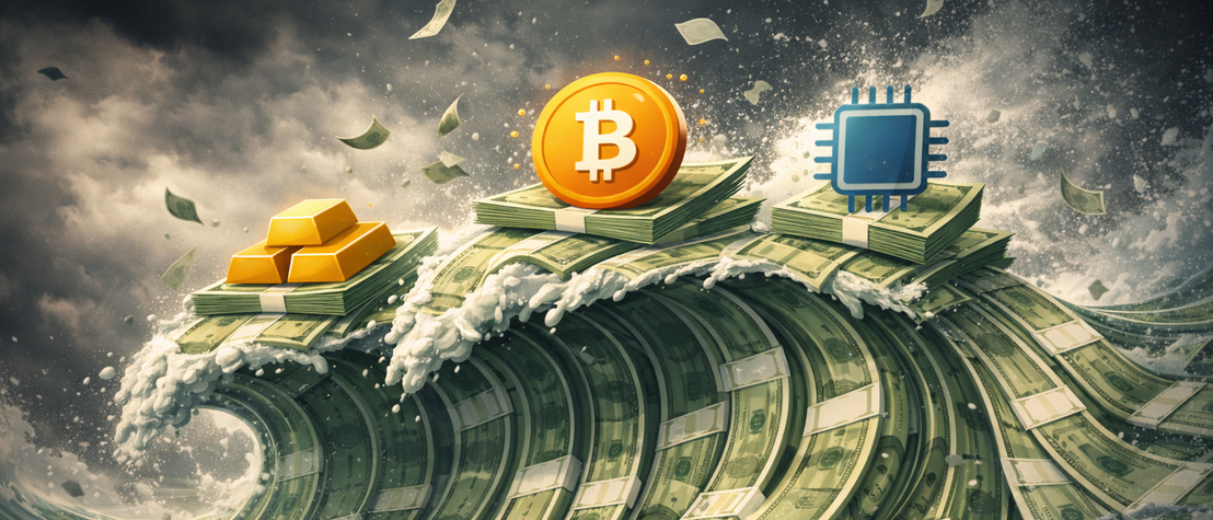 Welle aus Banknoten, Gold, Bitcoin 