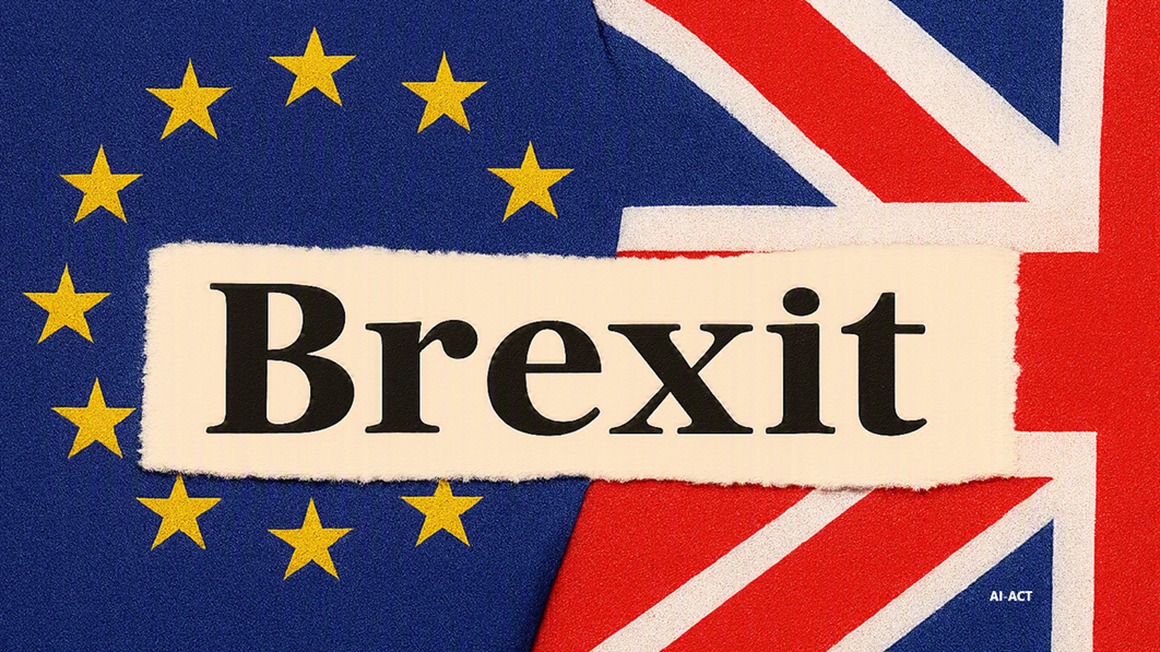 Flaggen der EU und Großbritannien, die mit Ausdruck Brexit verbunden sind.