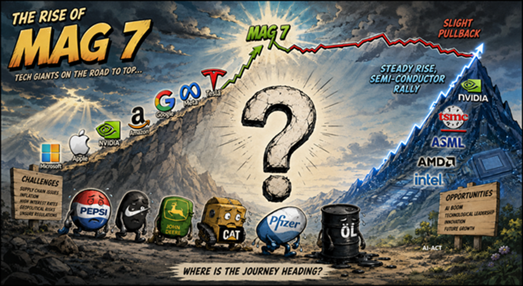 Mascots representing the Magic 7 companies are climbing a mountain